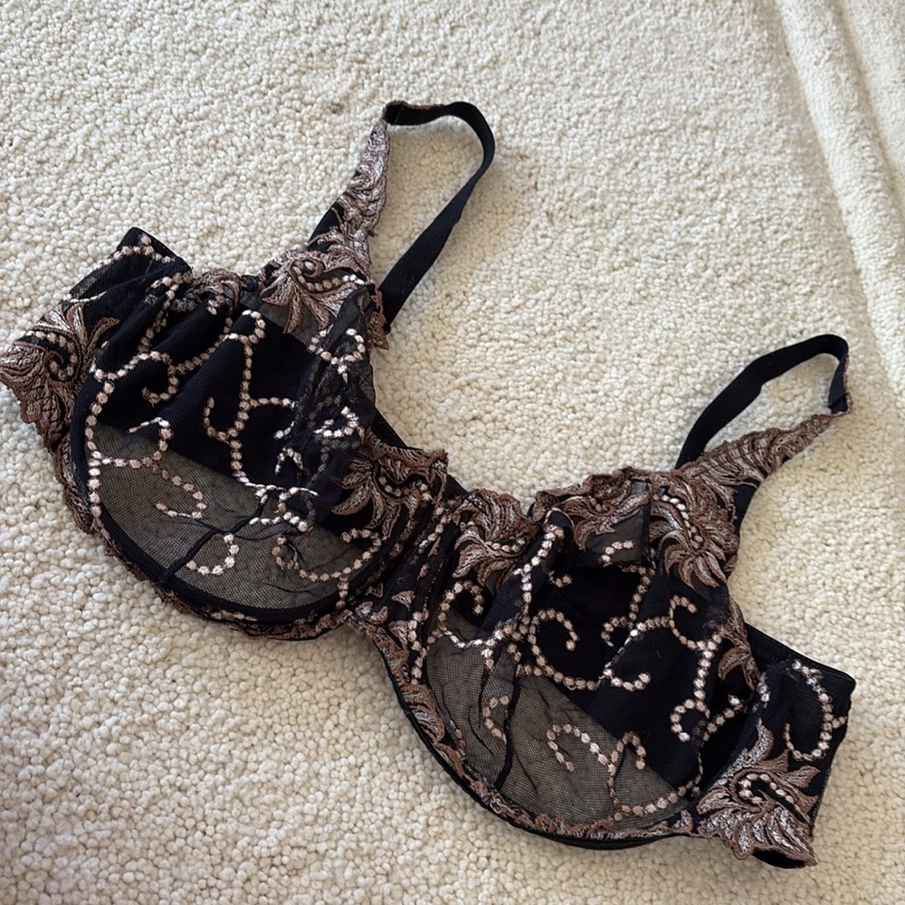 Elegant Lunaire Black and Tan embroidered sheer Bra